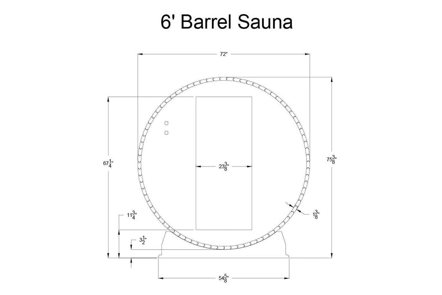 6-foot barrel sauna technical schematic showing front view with dimensions, circular wooden barrel design, rectangular door o