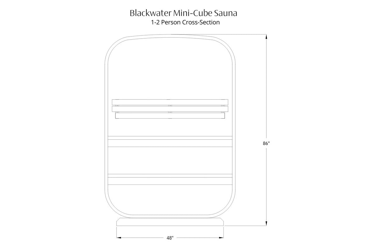 Blackwater Mini-Cube Sauna cross-section diagram showing 48" wide by 86" tall interior with bench seating for 1-2 persons