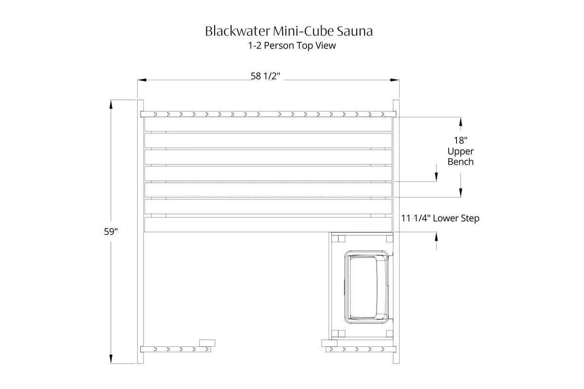 Blackwater mini-cube sauna top view with dimensions, 18-inch upper bench, 11.25-inch lower step, seats 1-2 people