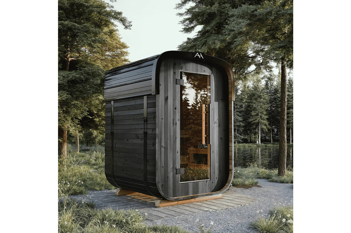 Black wood-sided sauna with rounded corners and glass door, positioned on wooden deck in forest setting