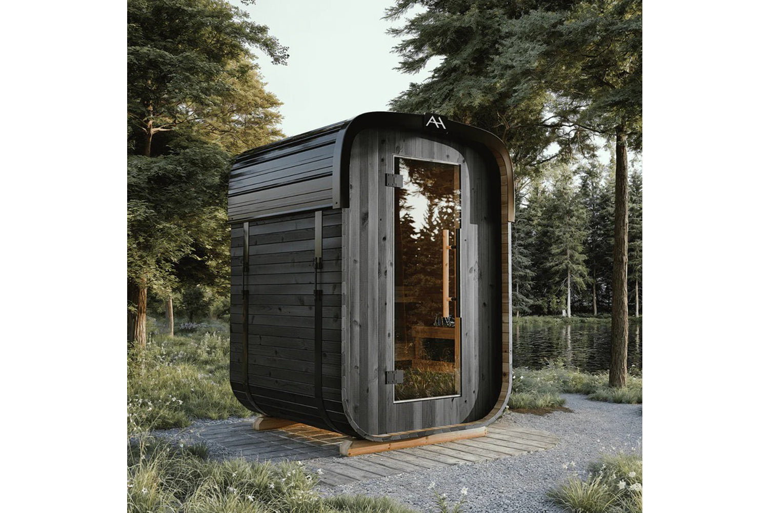 Black wood-sided sauna with rounded corners and glass door, positioned on wooden deck in forest setting