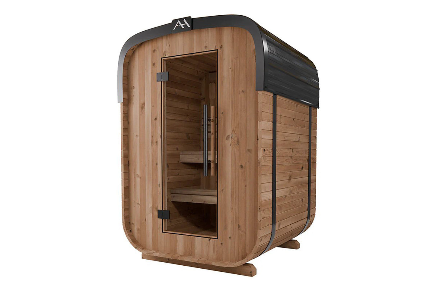 Compact wooden sauna with rounded top, cedar construction, dark metal roof, glass door, and bench seating visible inside, sho