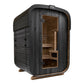 Black wood barrel sauna with rounded exterior, glass door, wooden interior benches, and brown wood base on white background