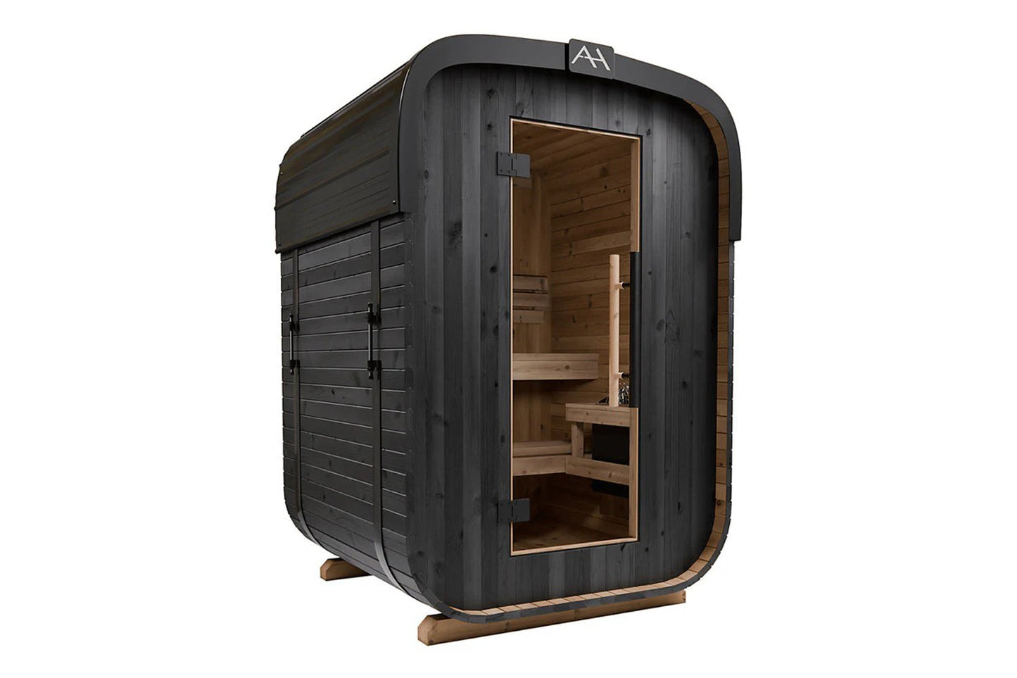Black wood barrel sauna with rounded exterior, glass door, wooden interior benches, and brown wood base on white background