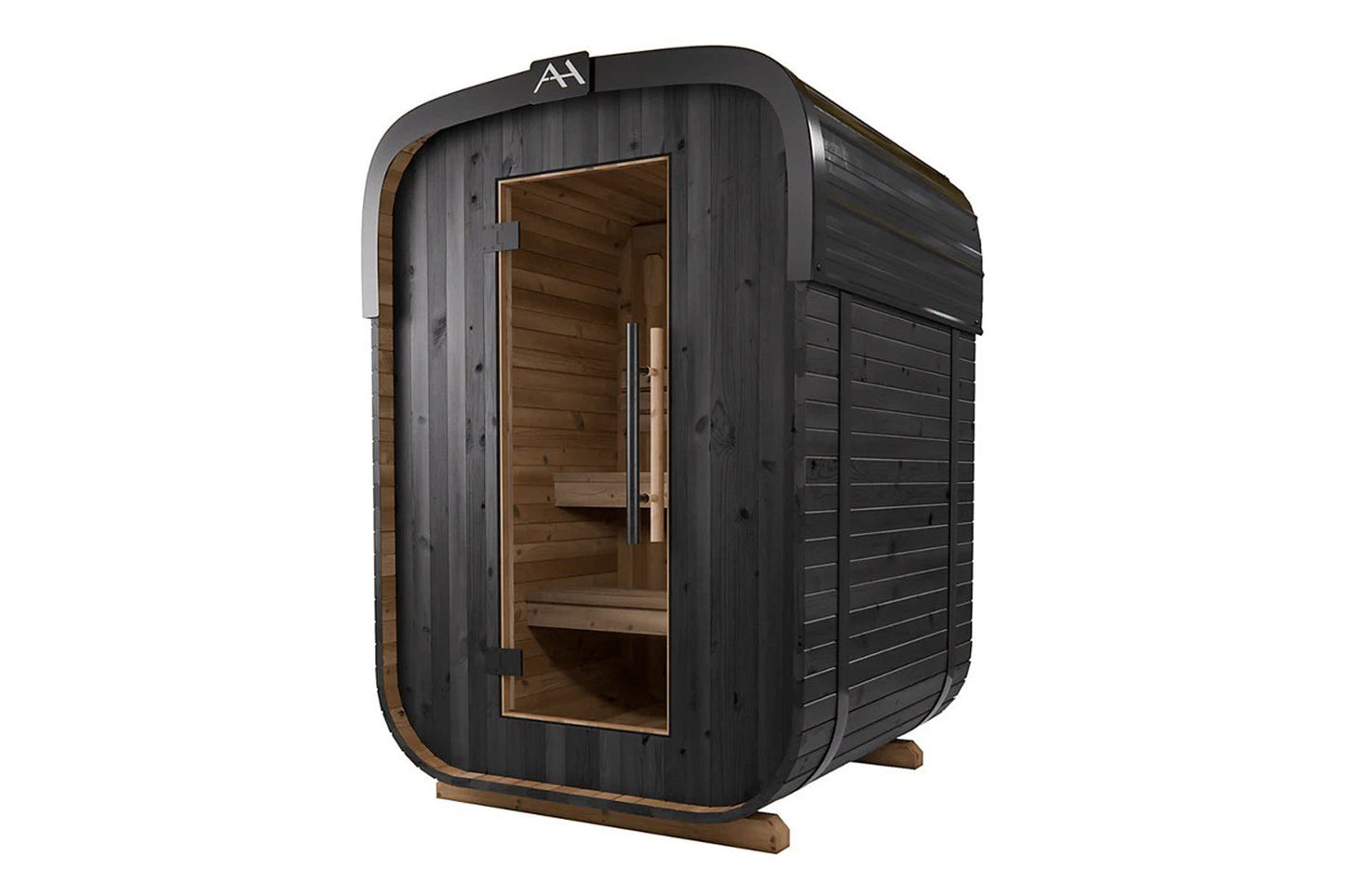 Black wood outdoor sauna with curved top, glass door showing cedar interior, and wooden base on white background