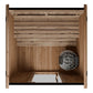 Wooden sauna box with slatted roof and walls, metal heater basket visible inside, overhead view on white background