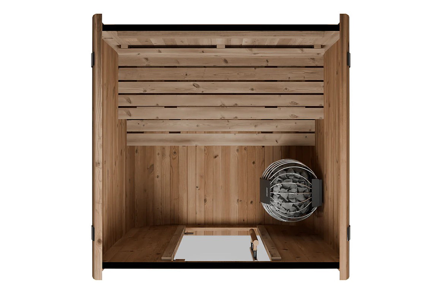 Wooden sauna box with slatted roof and walls, metal heater basket visible inside, overhead view on white background