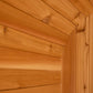 Interior view of cedar wood sauna with horizontal tongue-and-groove walls and exposed beam ceiling