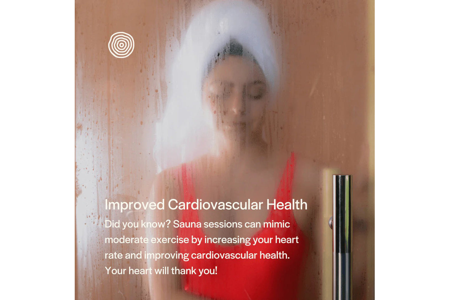 Person wearing white head wrap and red towel inside sauna with steam on glass door, demonstrating sauna use for cardiovascula