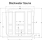 Blackwater sauna floor plan showing interior dimensions, bench layout, and rounded rectangular footprint with measurements la
