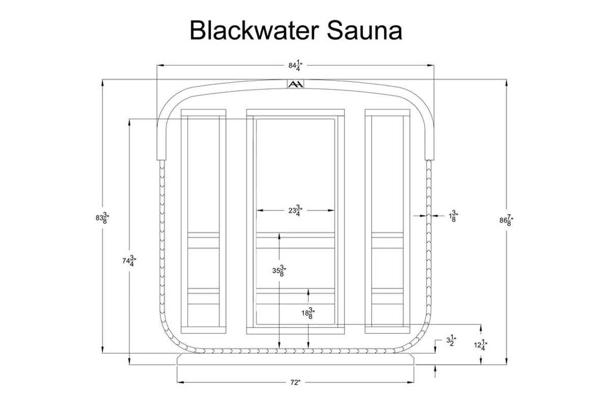 Blackwater sauna floor plan showing interior dimensions, bench layout, and rounded rectangular footprint with measurements la