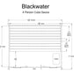 Blackwater 4-6 person cube sauna floor plan with dimensions, showing upper and lower benches, heater location, and door place