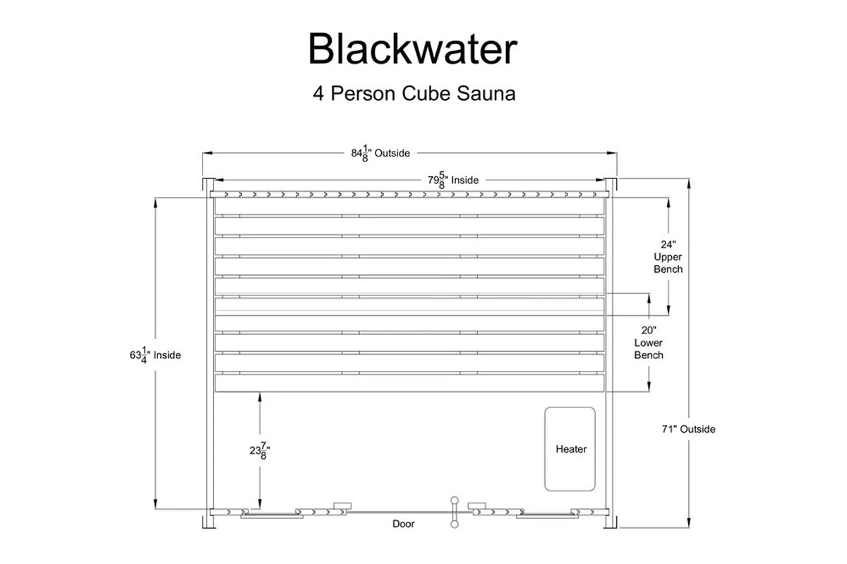 Blackwater 4-6 person cube sauna floor plan with dimensions, showing upper and lower benches, heater location, and door place