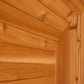 Cedar wood interior corner of sauna showing horizontal log walls and vertical post construction