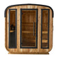 Almost Heaven Blackwater cube sauna with light wood exterior, black frame, glass doors and windows, wooden interior benches v