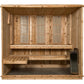 Cedar wood sauna with three vertical bar-grill doors, wooden benches, and black heater stove on white background