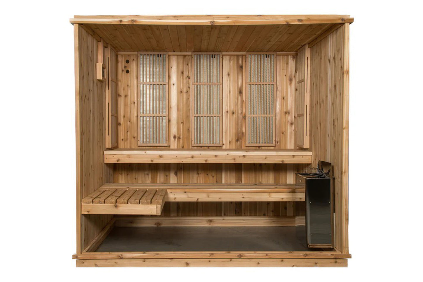 Cedar wood sauna with three vertical bar-grill doors, wooden benches, and black heater stove on white background