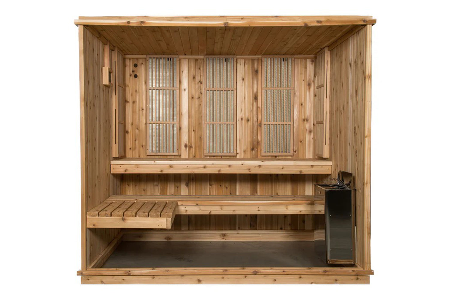 Cedar wood sauna with three vertical bar-grill doors, wooden benches, and black heater stove on white background
