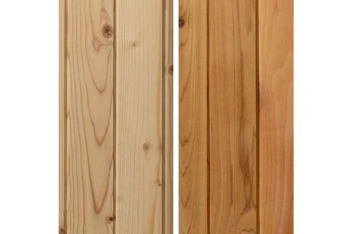 Almost Heaven Bridgeport sauna interior comparison showing light pine wood paneling on left and medium cedar wood on right