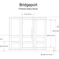 Bridgeport 6-person indoor sauna floor plan diagram showing dimensions, door opening, bench heights, and unit specifications