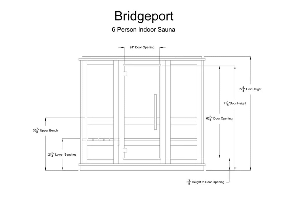 Bridgeport 6-person indoor sauna floor plan diagram showing dimensions, door opening, bench heights, and unit specifications