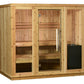 Natural wood indoor sauna cabin with glass door, wooden benches, and stone heater base, on white background