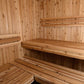Almost Heaven Bridgeport 6-person indoor sauna interior with light wood construction, multiple tiered benches, and vertical w