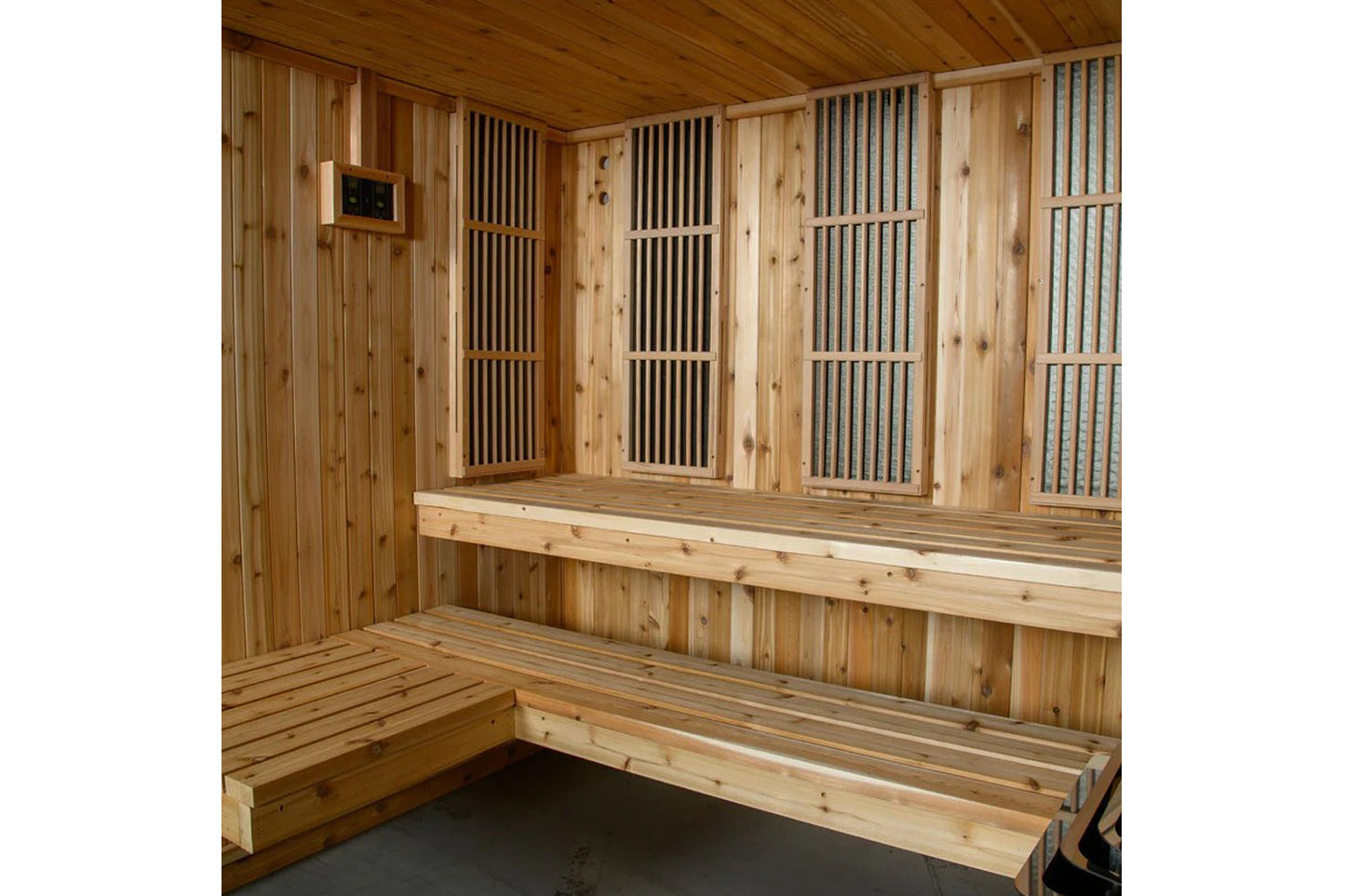 Natural wood indoor sauna interior with wooden benches, vertical slatted doors, and wooden walls and ceiling