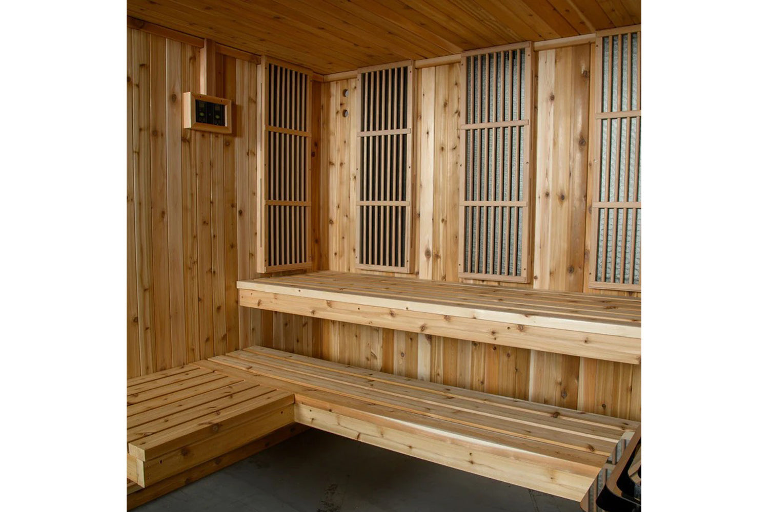 Natural wood indoor sauna interior with wooden benches, vertical slatted doors, and wooden walls and ceiling