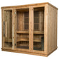 Natural wood 6-person indoor sauna with glass and wood panel doors, vertical slat vents, and interior benches on white backgr