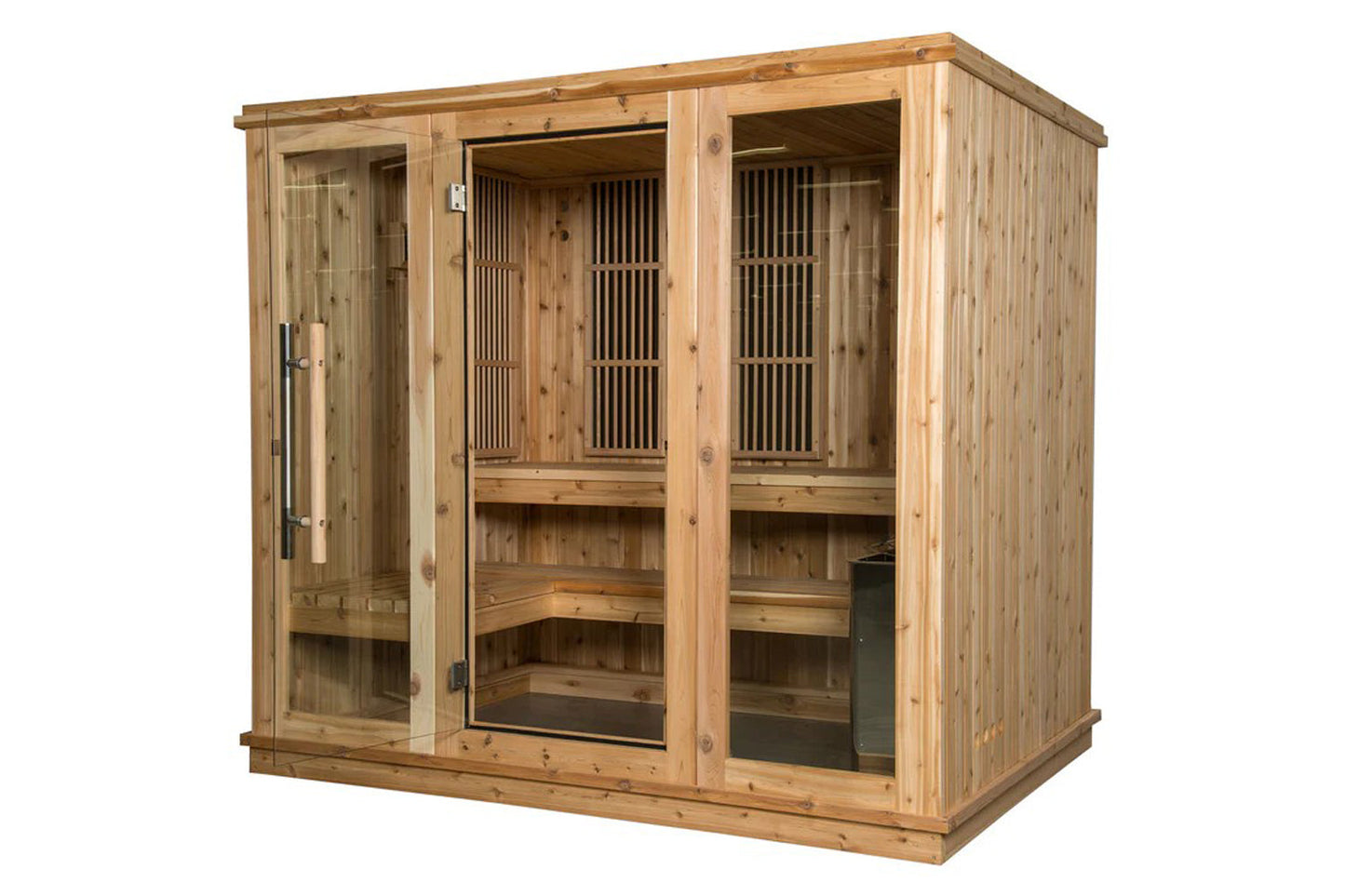 Natural wood 6-person indoor sauna with glass and wood panel doors, vertical slat vents, and interior benches on white backgr
