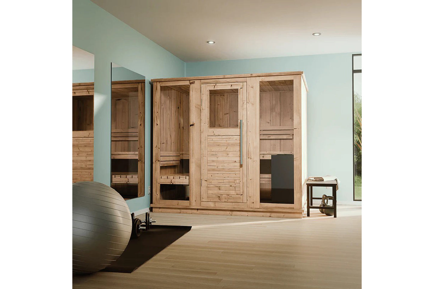 Light natural wood 6-person indoor sauna with glass and wood panel doors, installed in mint green room with wooden flooring