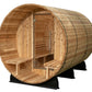 Barrel-shaped wooden sauna with glass door and metal bands, showing interior benches on white background