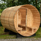 Wooden barrel sauna with curved cedar construction, open door showing interior bench seating, metal reinforcement bands, posi
