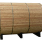 Natural wood barrel sauna with horizontal planks, metal bands, and black support legs on white background