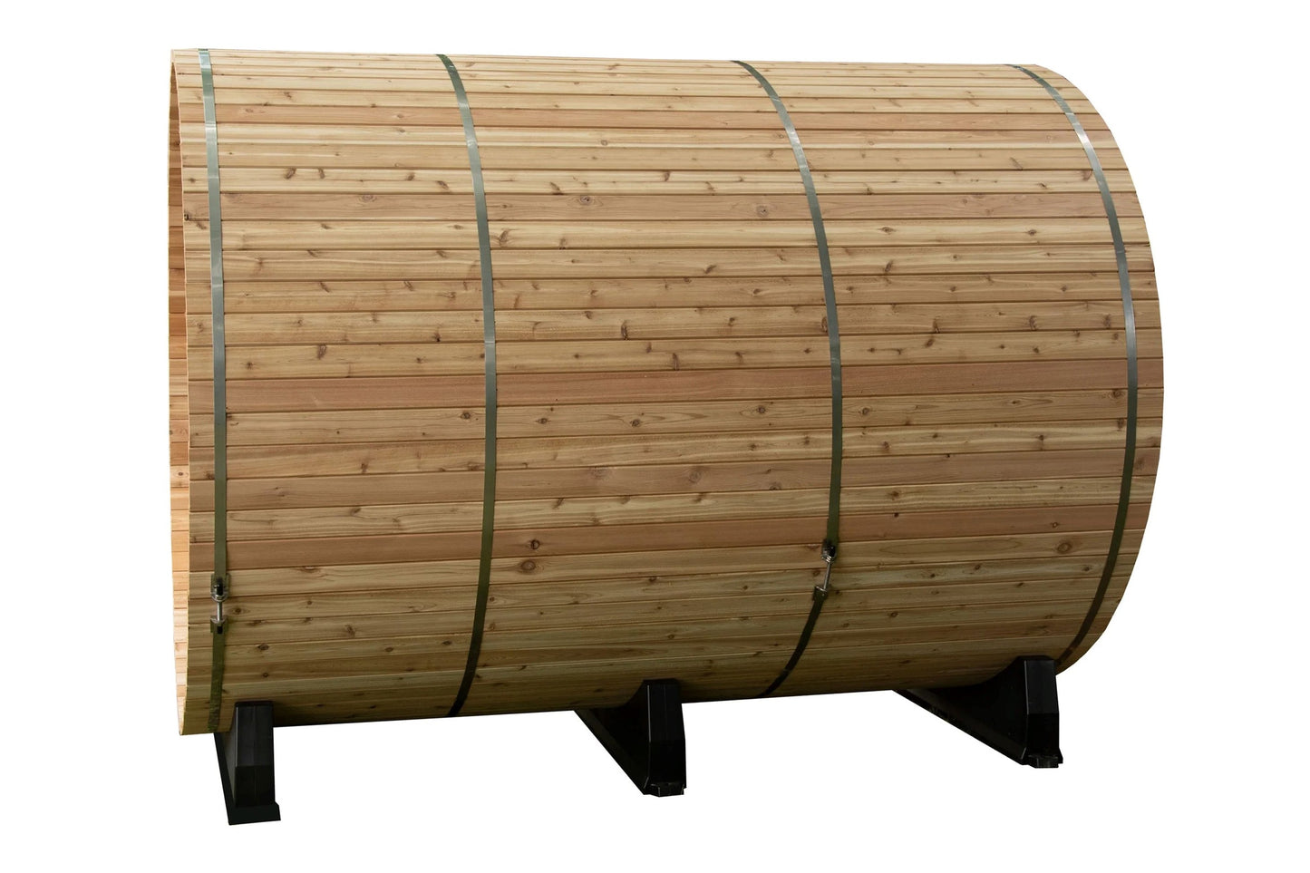 Natural wood barrel sauna with horizontal planks, metal bands, and black support legs on white background
