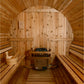 Cedar barrel sauna interior with curved wooden walls, built-in benches on both sides, heater unit at back, wooden bucket, and