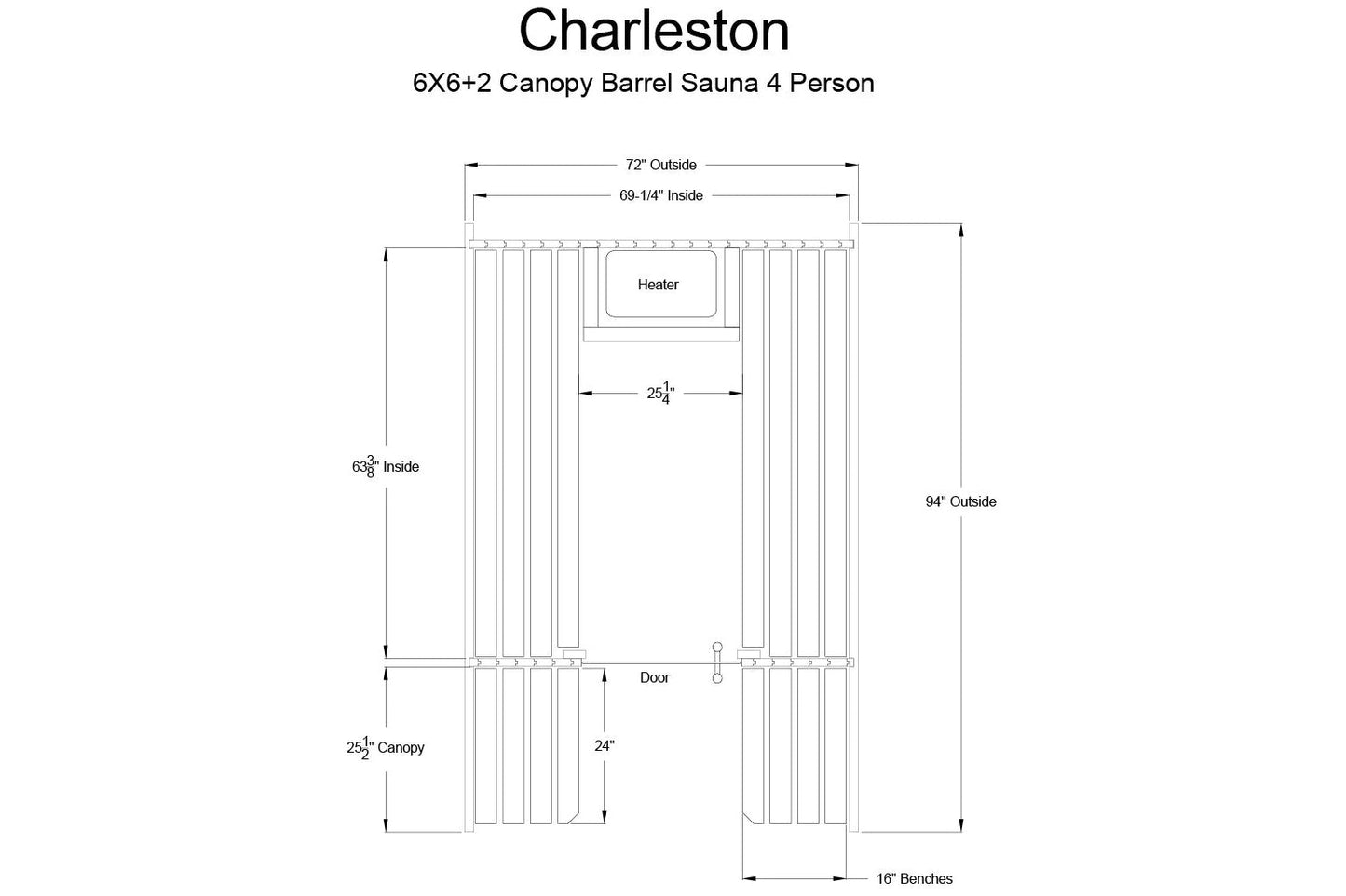Charleston 6x6 canopy barrel sauna floor plan with interior dimensions, heater placement, and door location