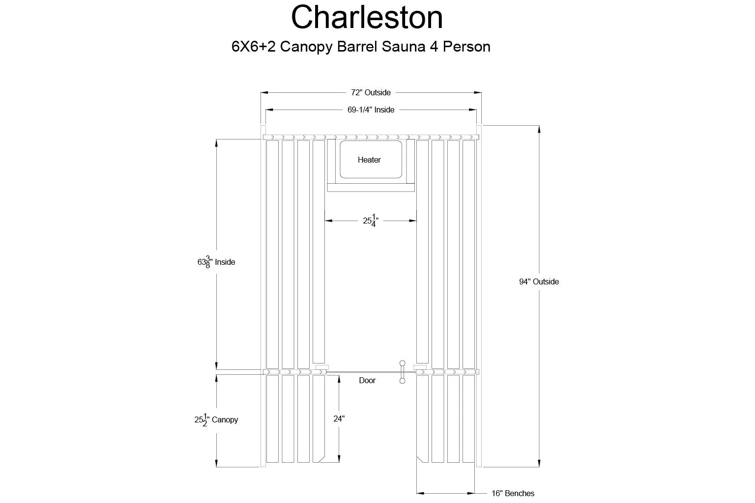 Charleston 6x6 canopy barrel sauna floor plan with interior dimensions, heater placement, and door location
