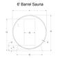 6-foot barrel sauna front view diagram showing cylindrical cedar construction with door opening and dimensions, 72 inches wid