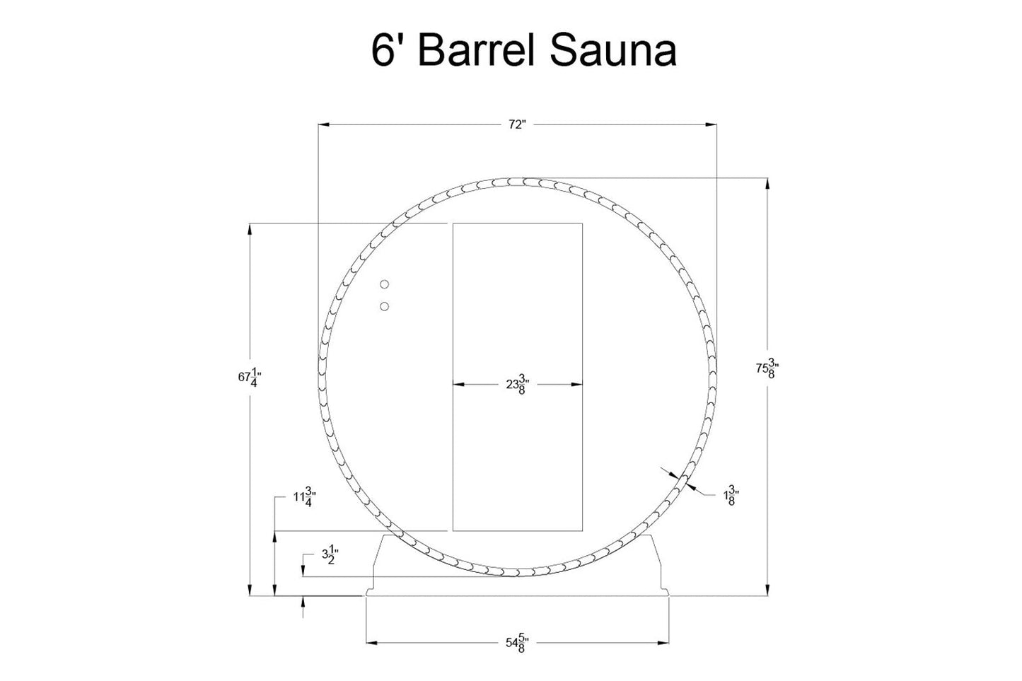 6-foot barrel sauna front view diagram showing cylindrical cedar construction with door opening and dimensions, 72 inches wid