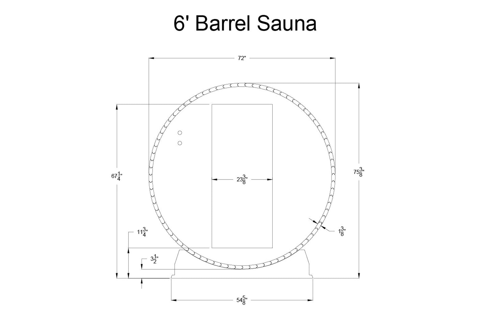 6-foot barrel sauna front view diagram showing cylindrical cedar construction with door opening and dimensions, 72 inches wid