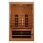 Natural wood infrared sauna cabin with dual glass doors, four interior heating panels per side, and lower vented control pane