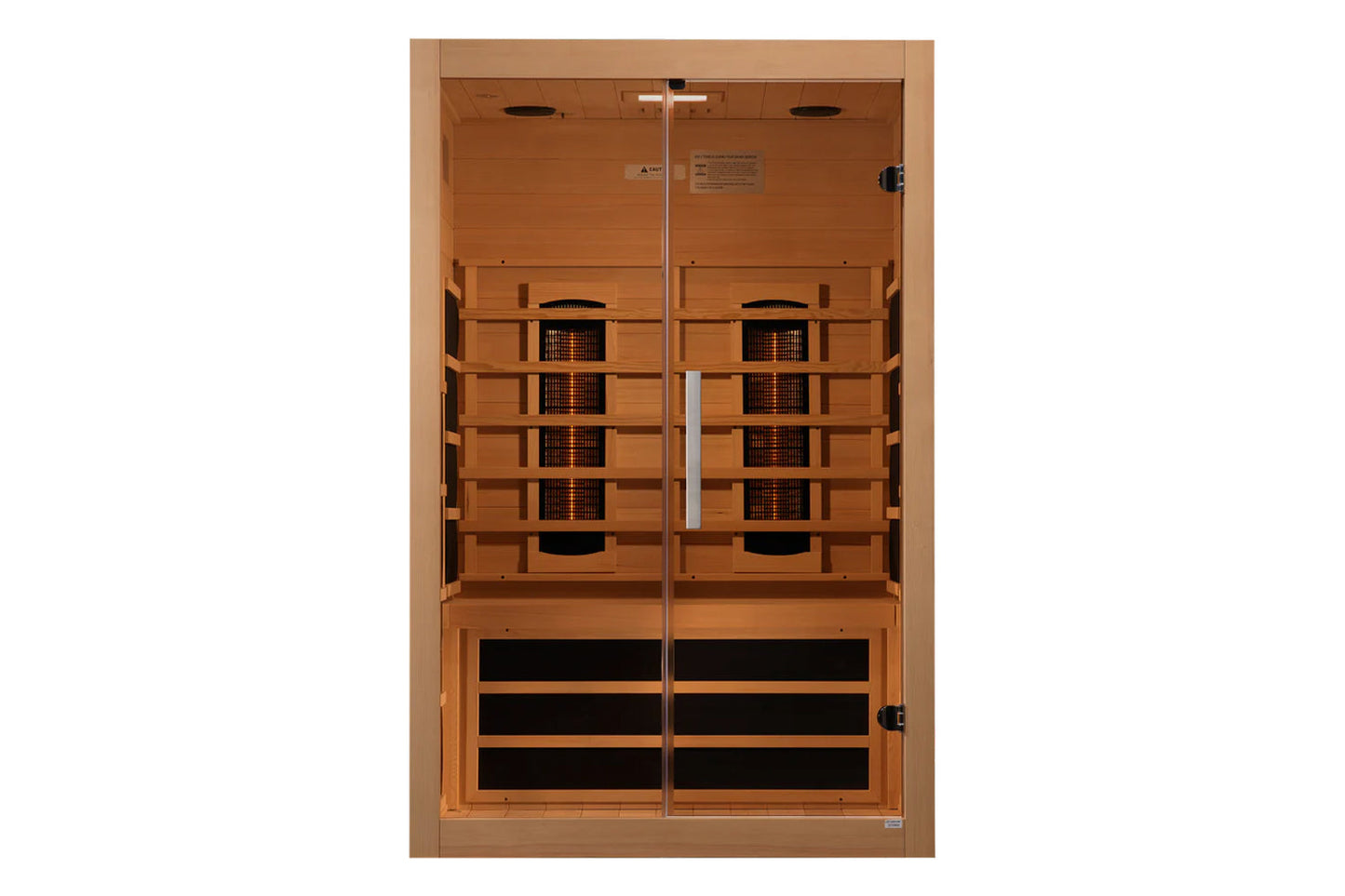 Natural wood infrared sauna cabin with dual glass doors, four interior heating panels per side, and lower vented control pane
