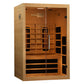 Two-person infrared sauna with light wood exterior, glass double doors, wood interior bench seating, and black infrared heate