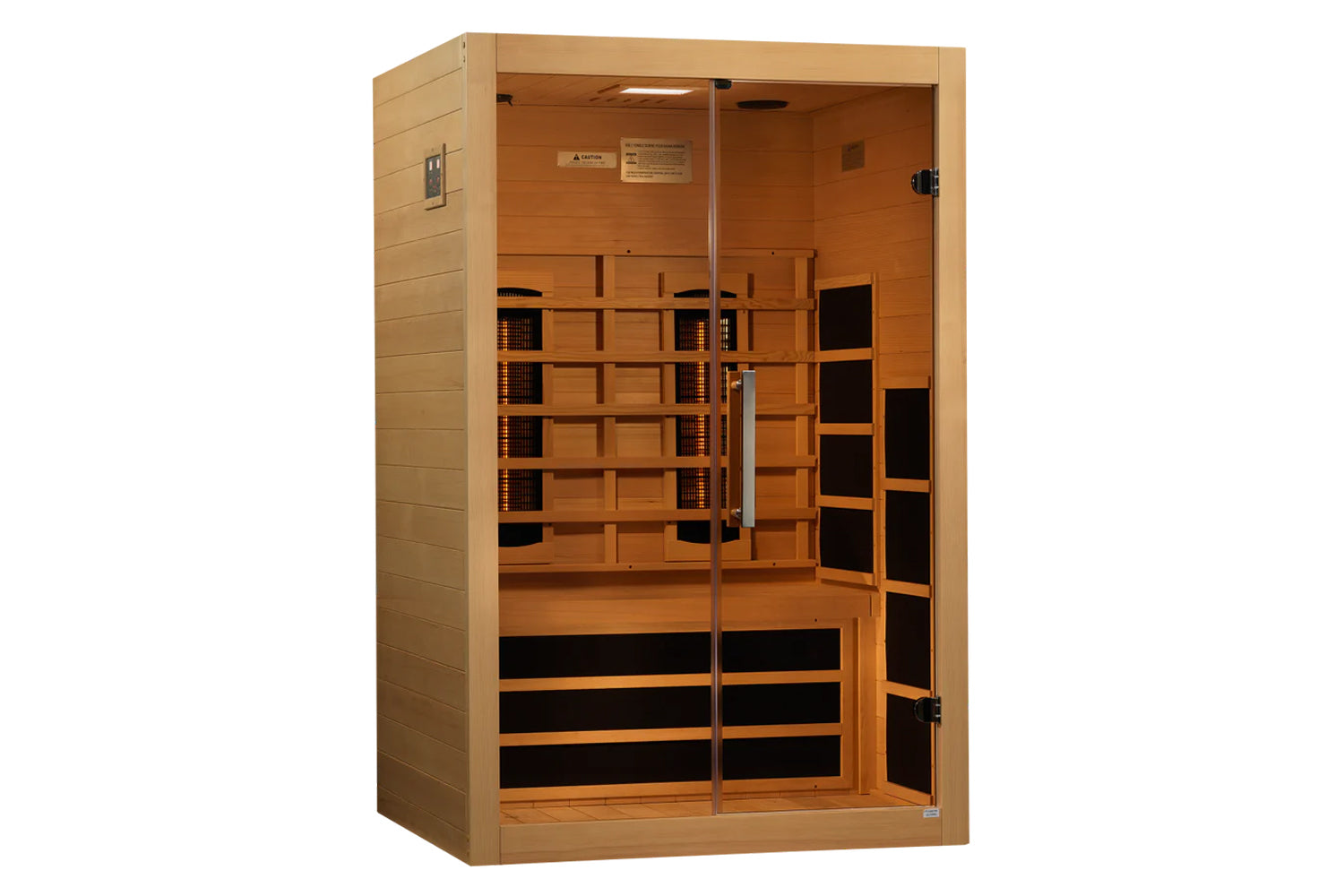 Two-person infrared sauna with light wood exterior, glass double doors, wood interior bench seating, and black infrared heate