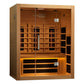 Almost Heaven Elysian 2-3 person infrared sauna with cedarwood interior, glass doors, and yellow accent lighting on white bac