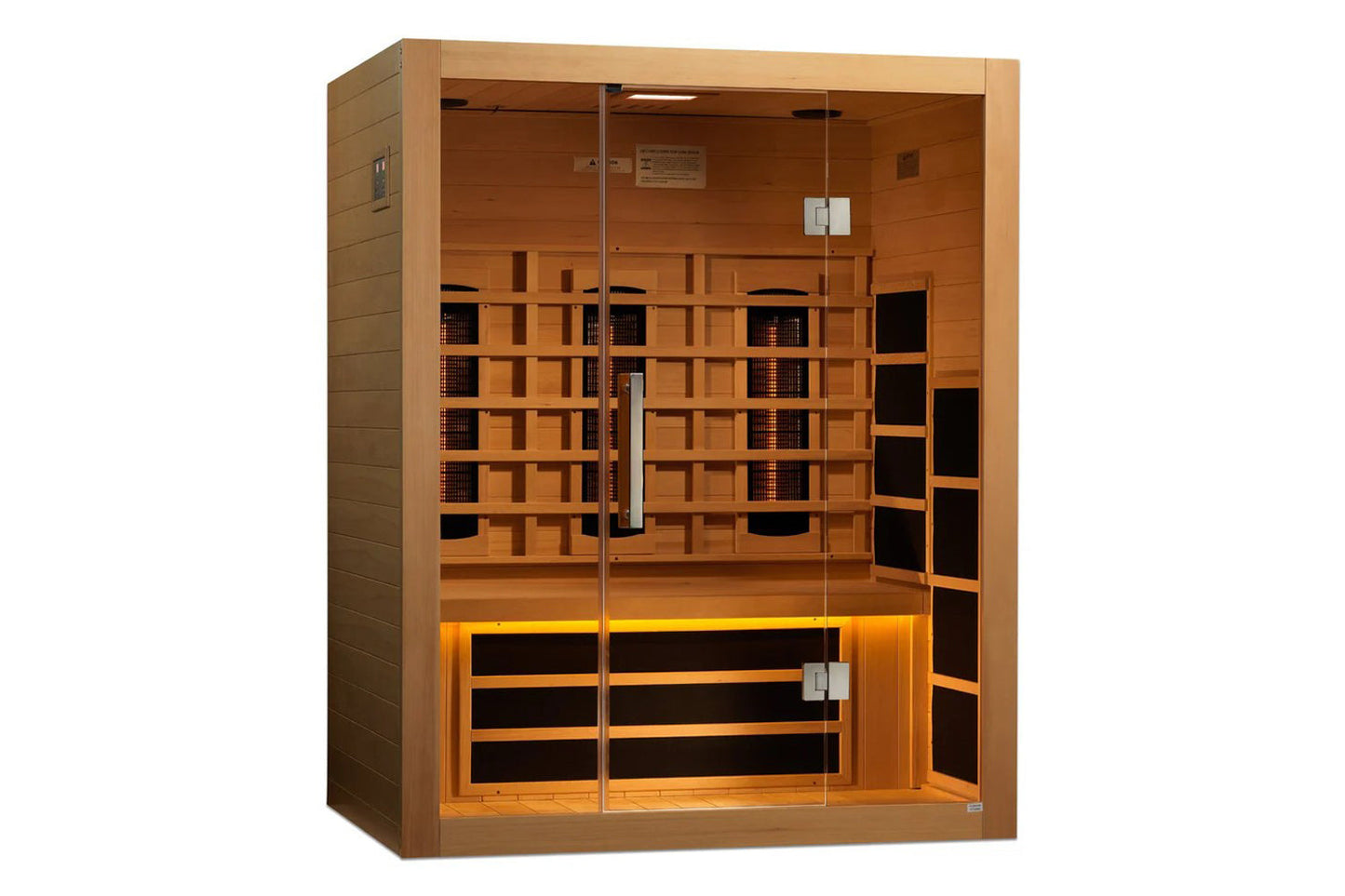 Almost Heaven Elysian 2-3 person infrared sauna with cedarwood interior, glass doors, and yellow accent lighting on white bac