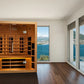 Almost Heaven Elysian 2-3 person infrared sauna with cedar wood exterior, glass doors, and illuminated interior benches in mo