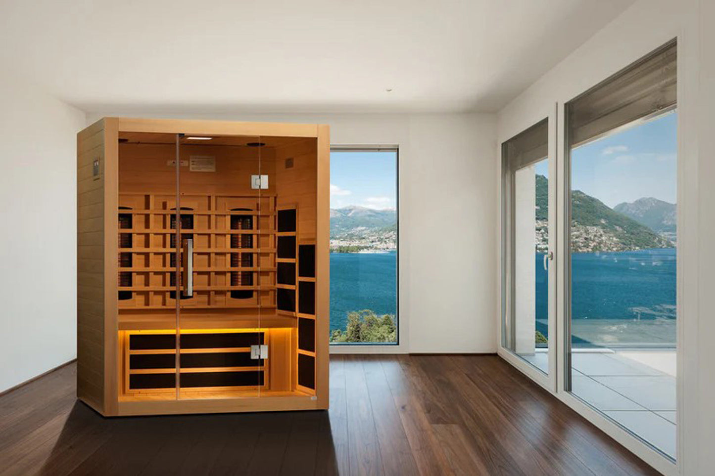 Almost Heaven Elysian 2-3 person infrared sauna with cedar wood exterior, glass doors, and illuminated interior benches in mo